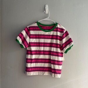 Anthropologie brand new pink and white striped cotton tee with green trim